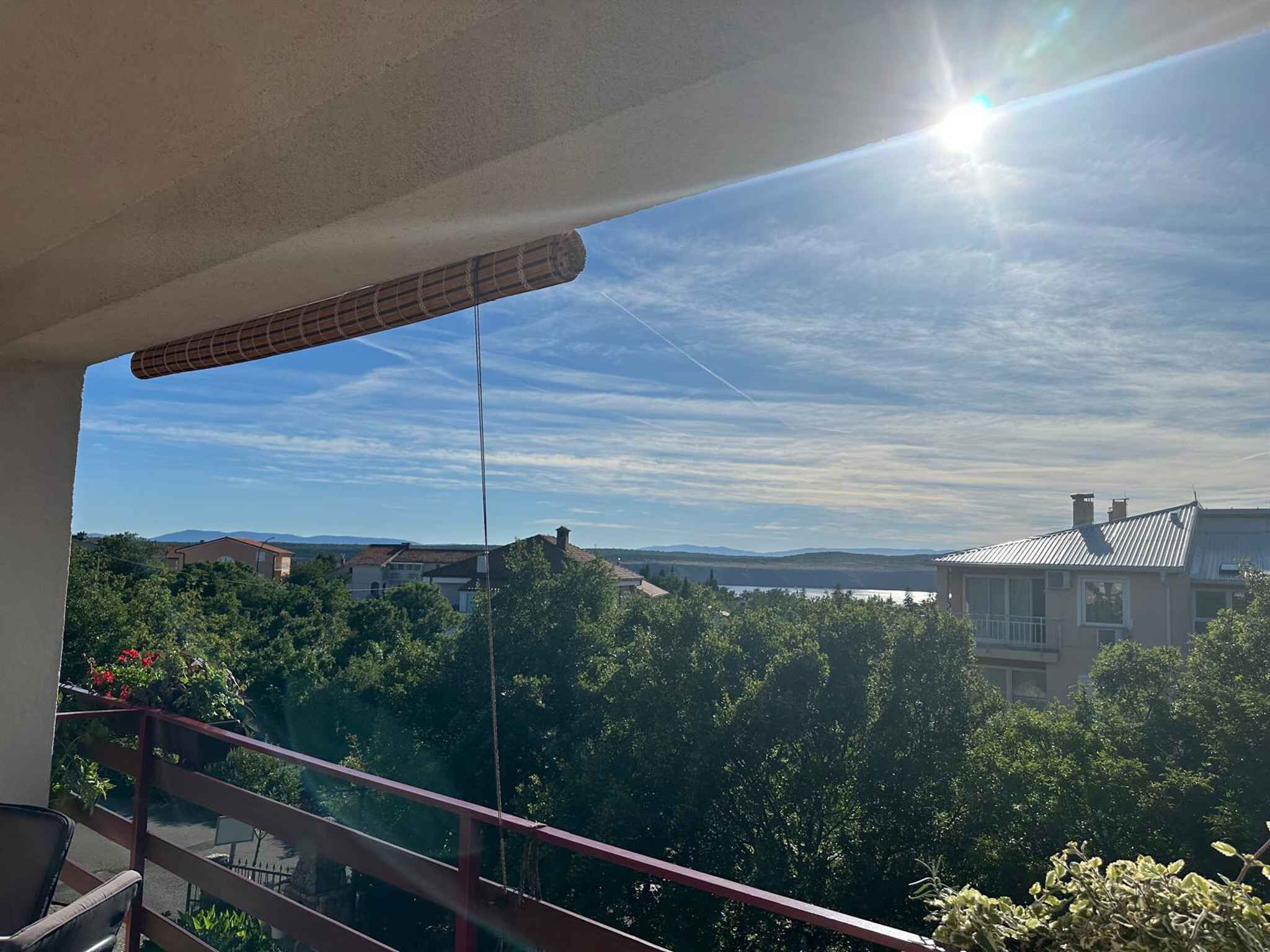 Un balcon donnant sur un lac, des arbres et des bâtiments situés au loin.