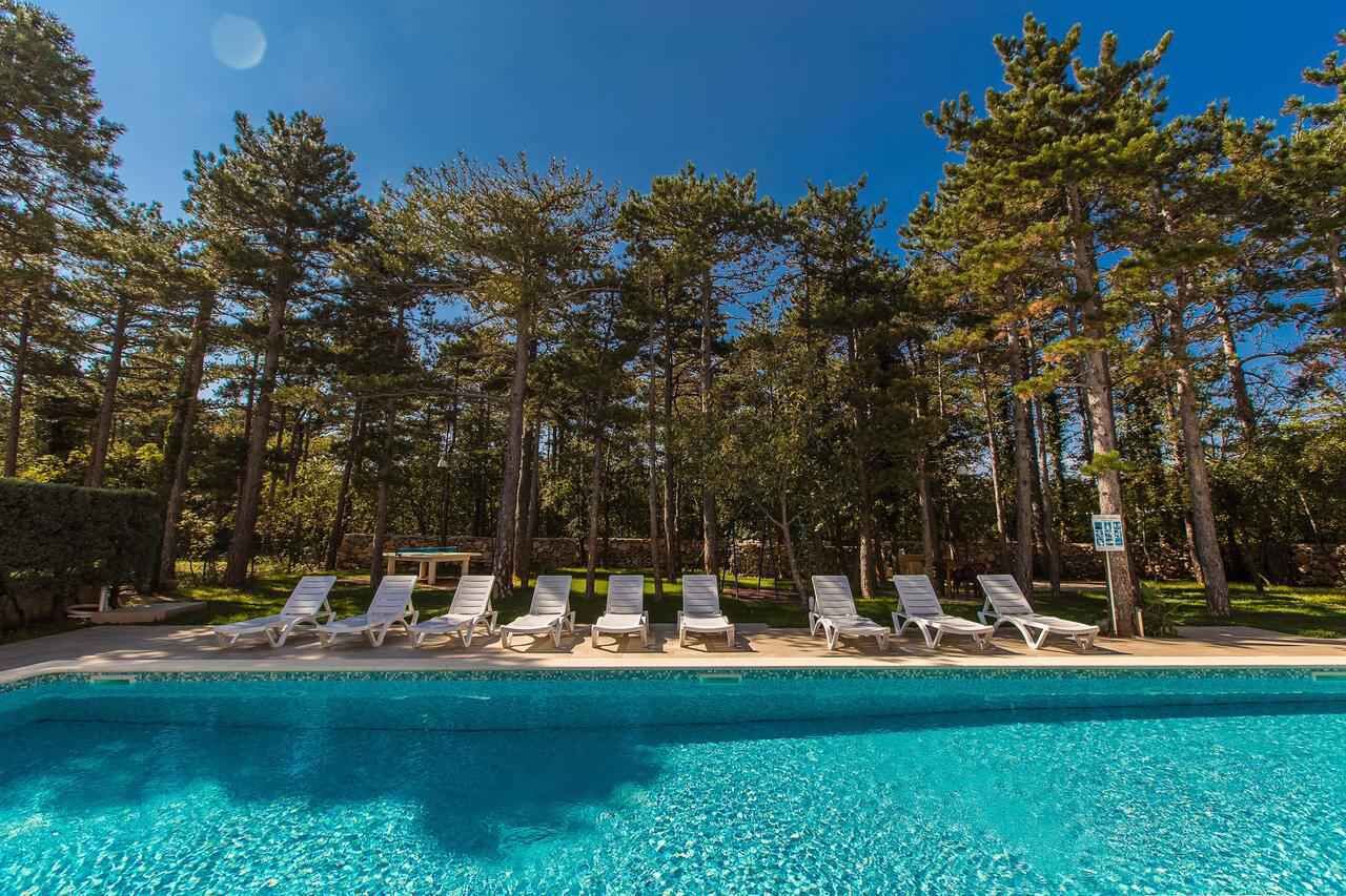 Una piscina con sillas de descanso y árboles al fondo.