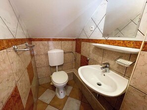 Een kleine badkamer met toilet, wastafel en spiegel.