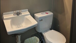 Une salle de bain avec un lavabo, des toilettes et un miroir avec éclairage. On y trouve des serviettes et une boîte de mouchoirs sur une étagère.