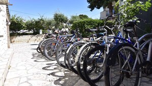 A row of bicycles parked on a cobblestone street. - Holiday apartment close to the sea, with pool and jacuzzi for 9 people (Umag)