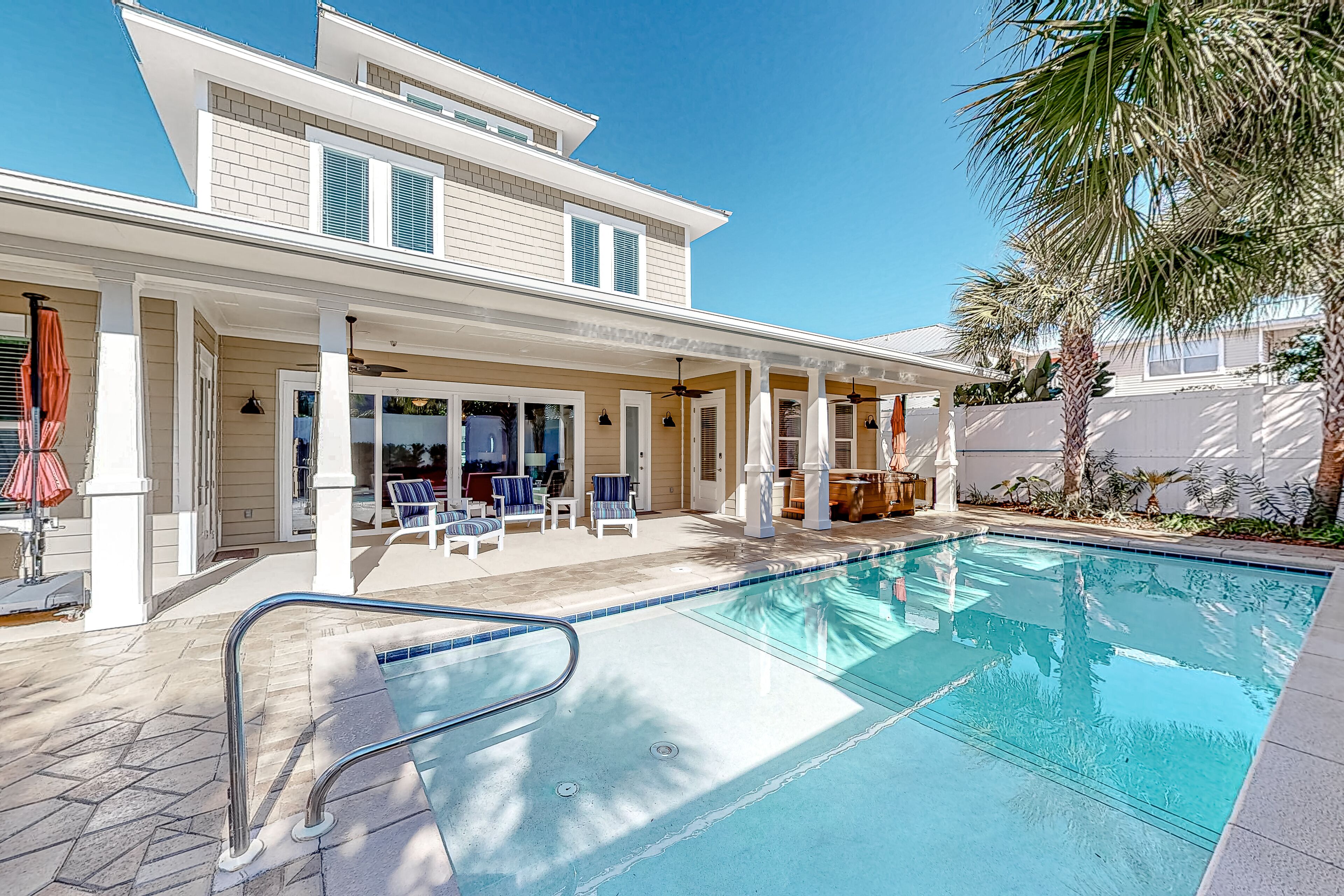 Beachside Craftsman with pool, hot tub, watchtower views, balcony, & golf cart