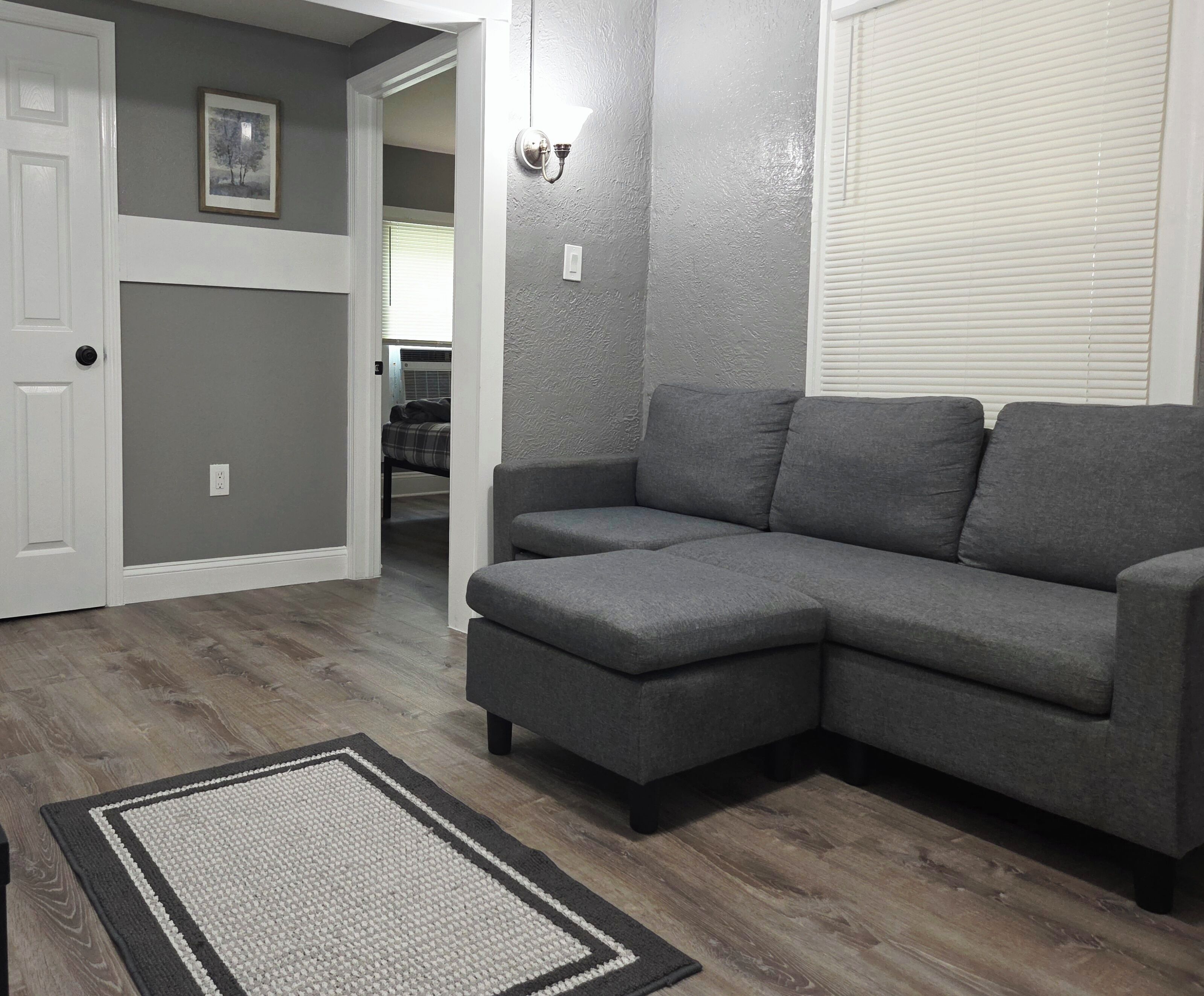 A gray sectional sofa, a dark gray rug, a white door, and a gray textured wall.