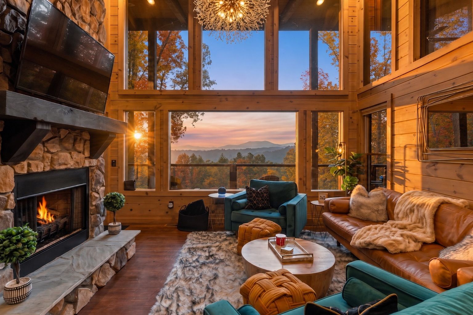 A cozy interior with a stone fireplace, comfortable seating, and a large window offering a view of the mountains.