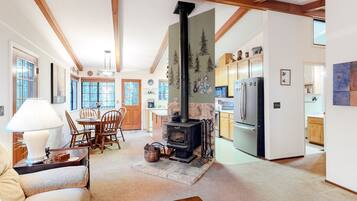 Télévision, cheminée, lecteur de DVD, livres