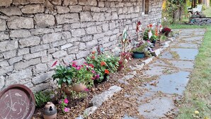 A stone wall with a pathway lined with potted plants and a rustic pot. - Luxury in a Historic Landmark-great restaurants within walking distance! (Clarence)