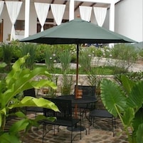 An outdoor patio area with a table and chairs under a green umbrella, surrounded by lush greenery and a stone floor.
