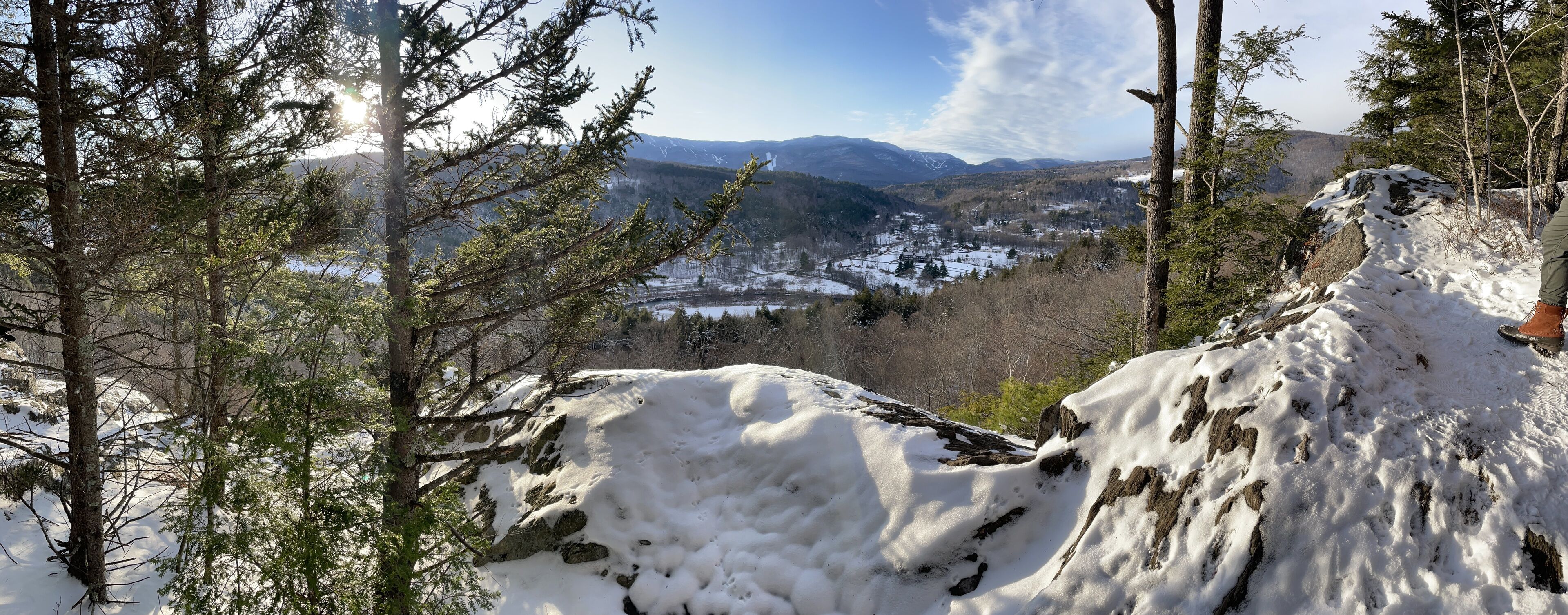 Paisagem nevada de montanhas, com árvores e um vale abaixo.