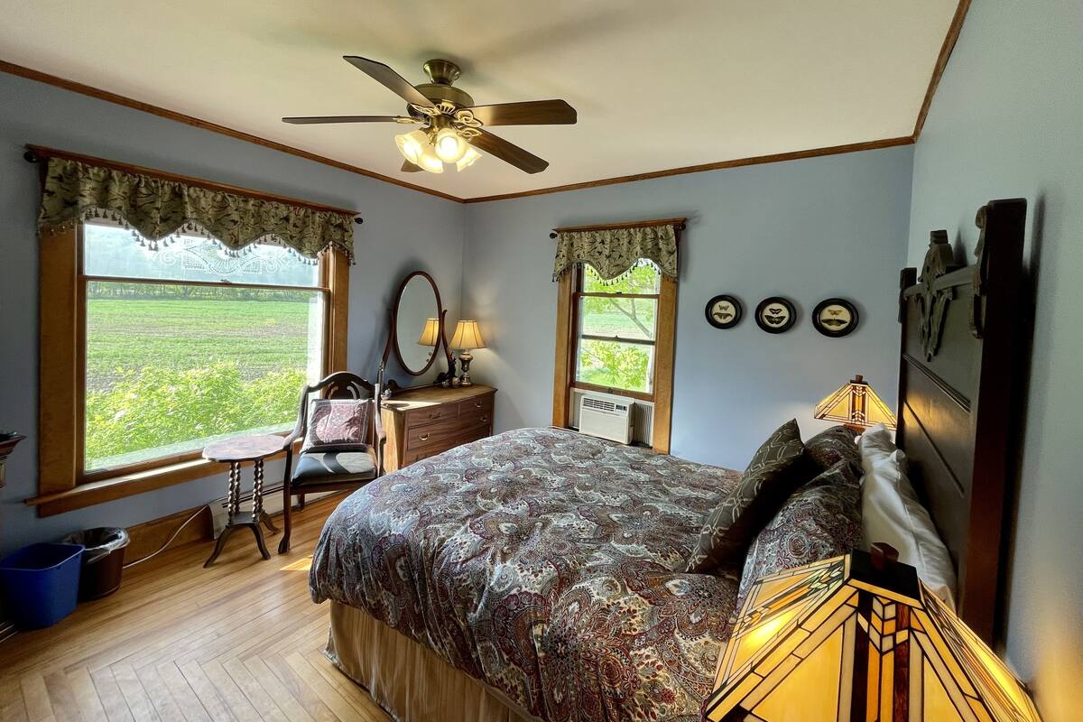 A bedroom with a bed, a desk, a chair, a dresser, and a ceiling fan. There are windows with curtains, a view of greenery outside, and wall decorations.
