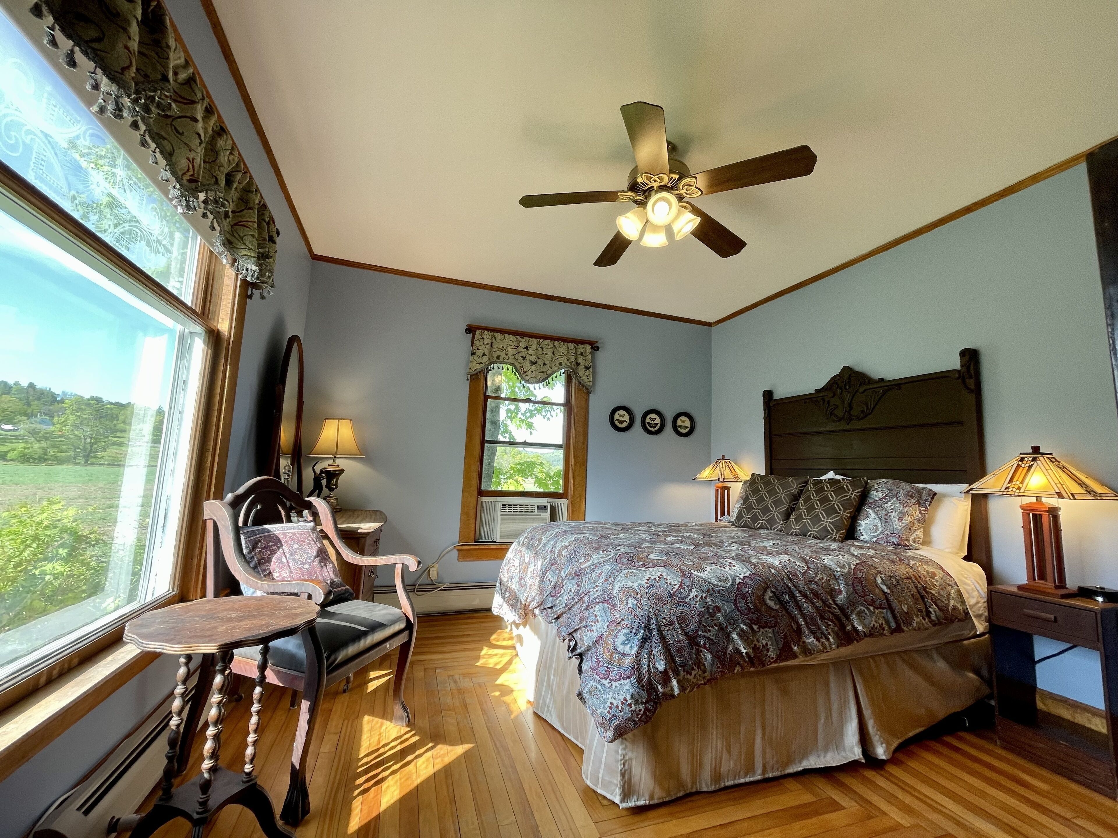 A bedroom with a bed, a chair, a desk, a ceiling fan, and a window with a view of greenery.