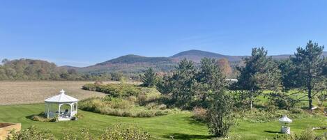 A gazebo in a grassy field with a mountain in the background.