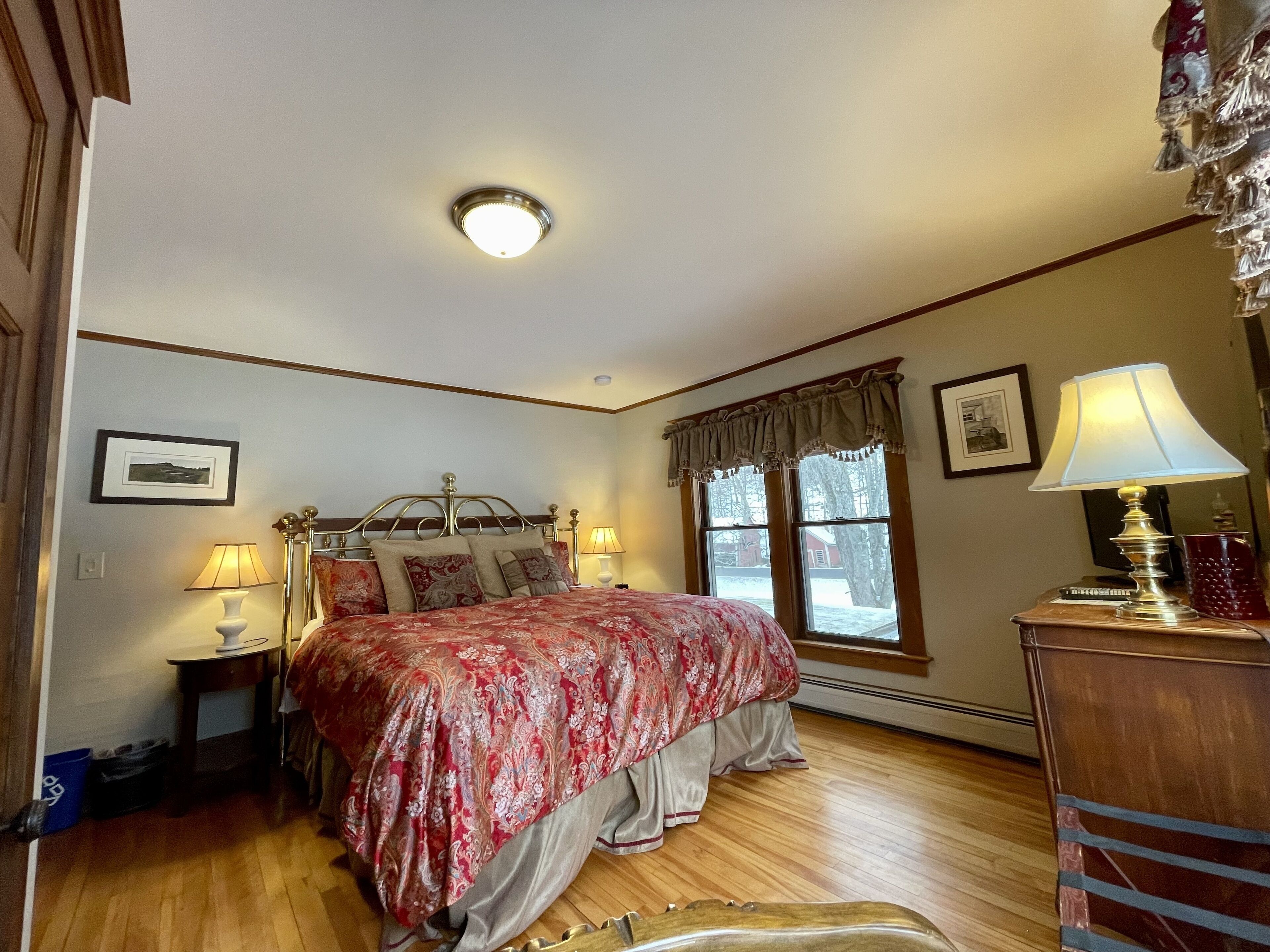 A bedroom with a bed, bedside lamps, a window with a view, and a ceiling light.