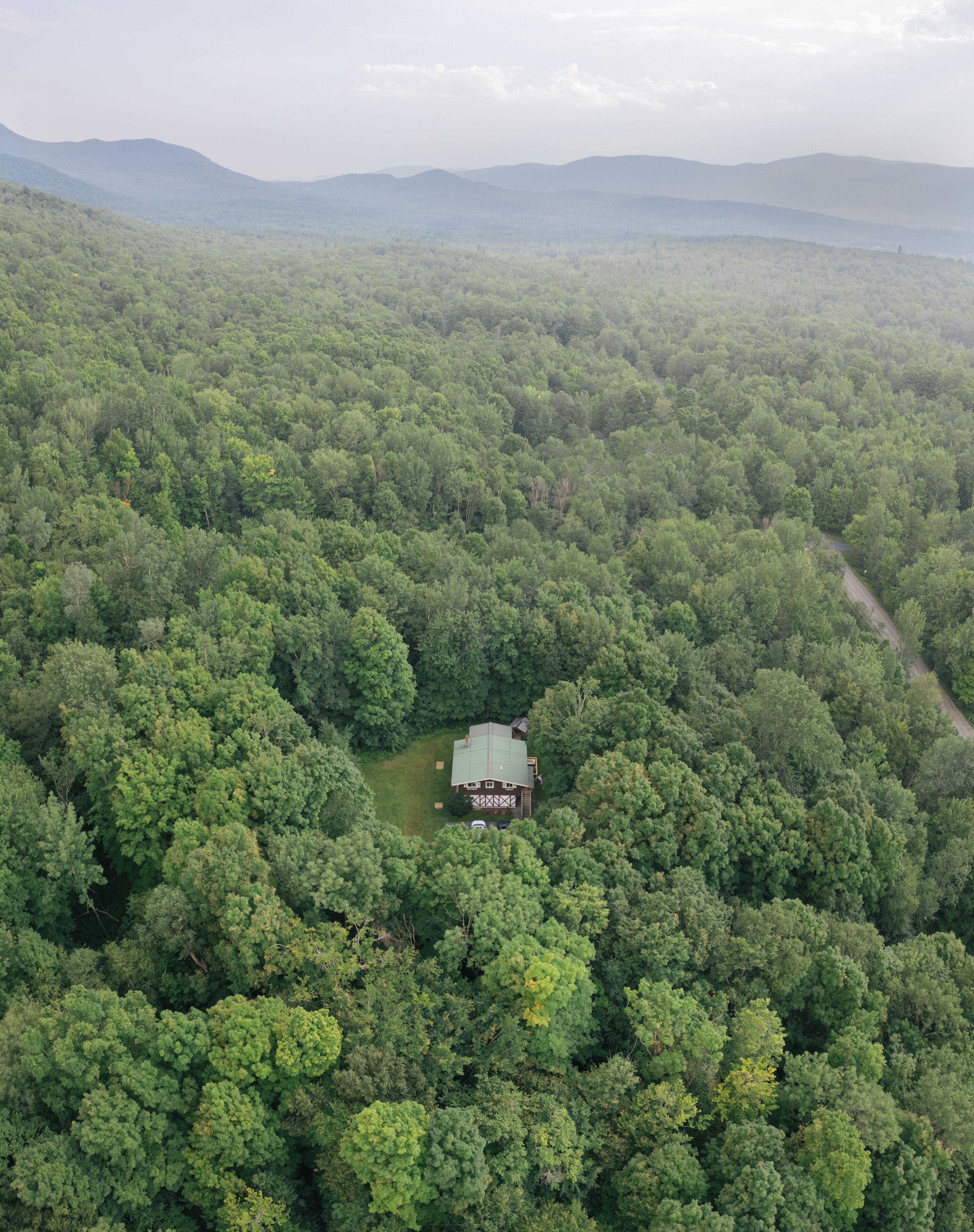 Vue aérienne d’une zone boisée avec une maison entourée d’arbres denses.