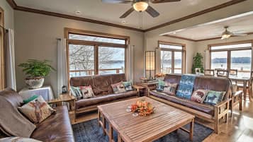 TV, fireplace, books