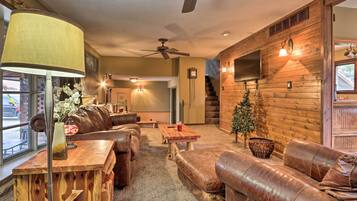 TV, fireplace, foosball, books