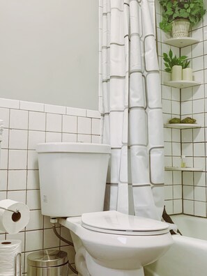 Ensemble baignoire-douche, séchoir à cheveux, serviettes fournies