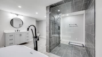 Bathtub, hair dryer, towels, toilet paper