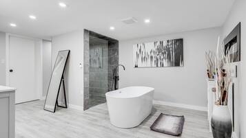 Bathtub, hair dryer, towels, toilet paper