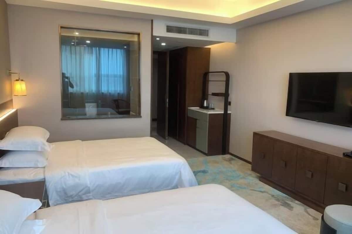 Une chambre d’hôtel avec deux lits, une télévision, un miroir et une armoire.