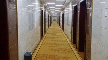 A hotel corridor with a patterned carpet, marble walls, and doors leading to rooms.