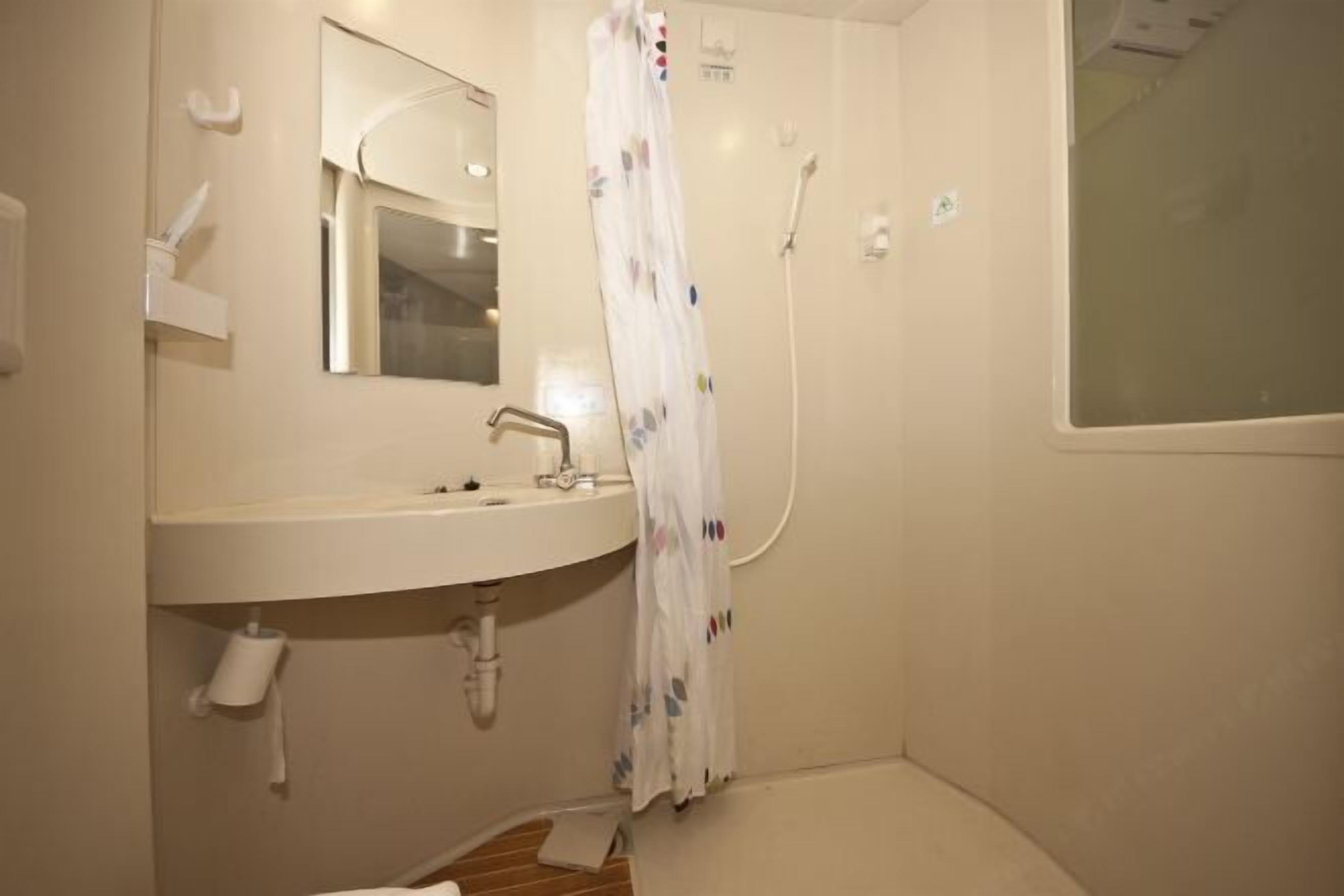 Un baño con lavamanos, espejo, ducha y dispensador de papel higiénico.