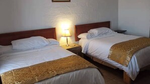 Een hotelkamer met twee bedden, een nachtkastje met een lamp en een lijst aan de muur.