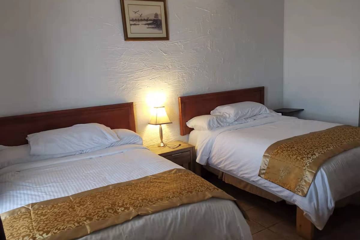 Habitación de hotel con dos camas, una mesita de noche con lámpara y un cuadro enmarcado en la pared.