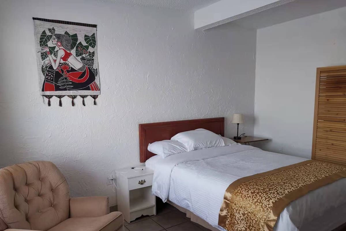 Una habitación de hotel con una cama, una silla, una mesita de noche y un cuadro en la pared.