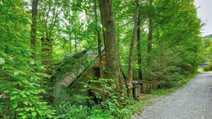 Uma cabana rústica cercada por uma floresta densa, acessível por um caminho de cascalho.