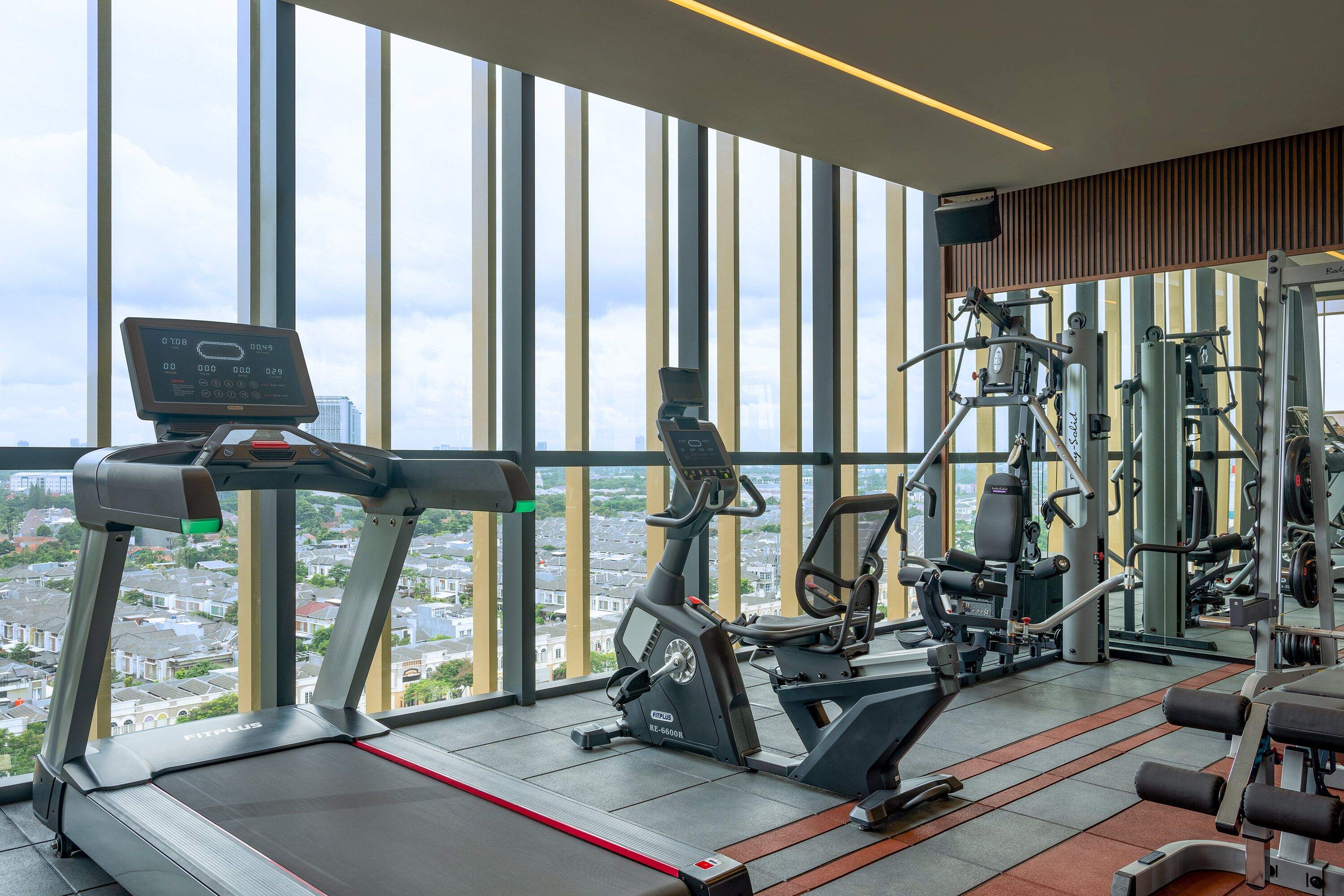 A gym with a treadmill, elliptical, and weight machines, large windows with a city view.