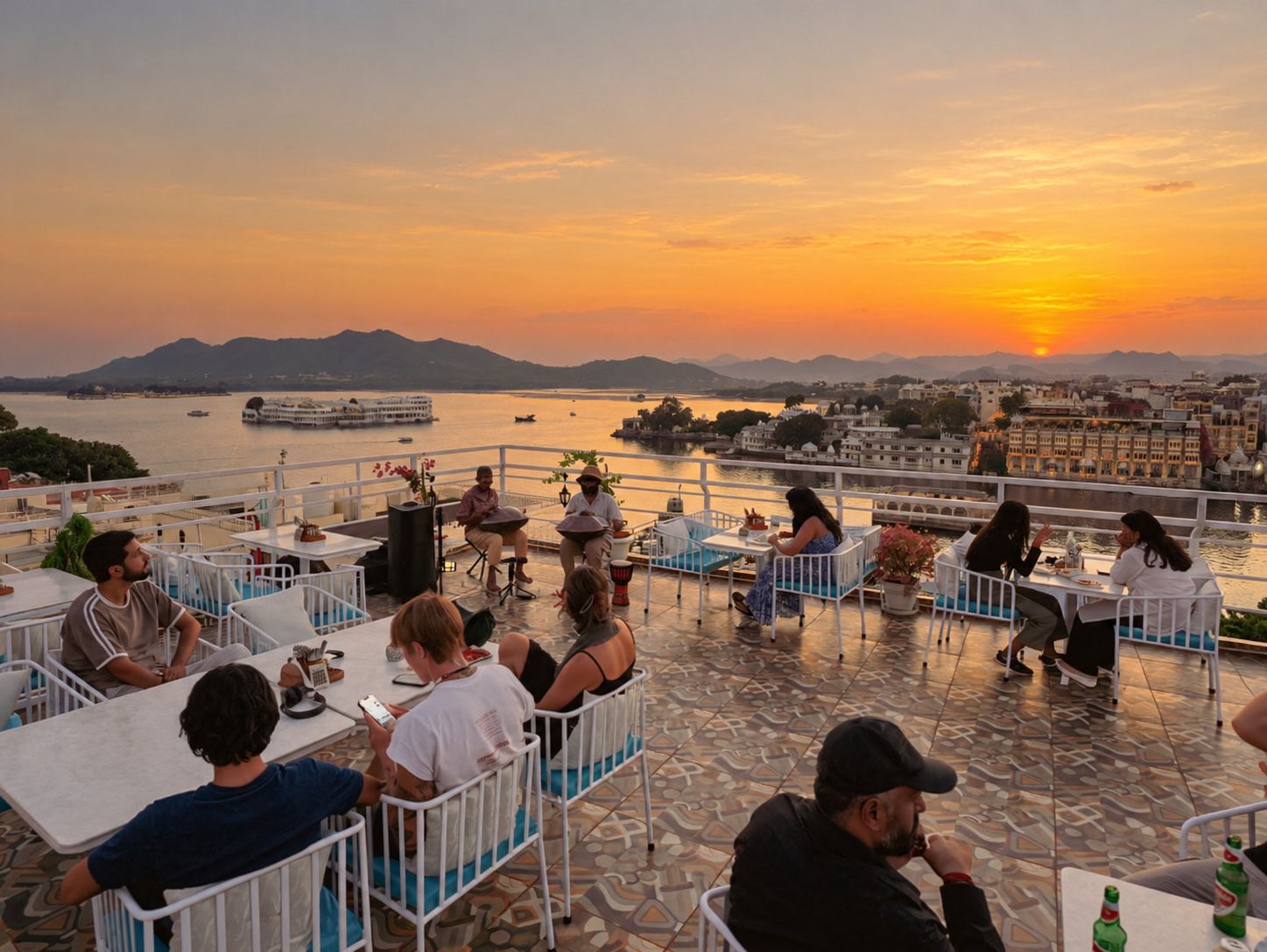A terrace with tables and chairs overlooking a body of water and a sunset.