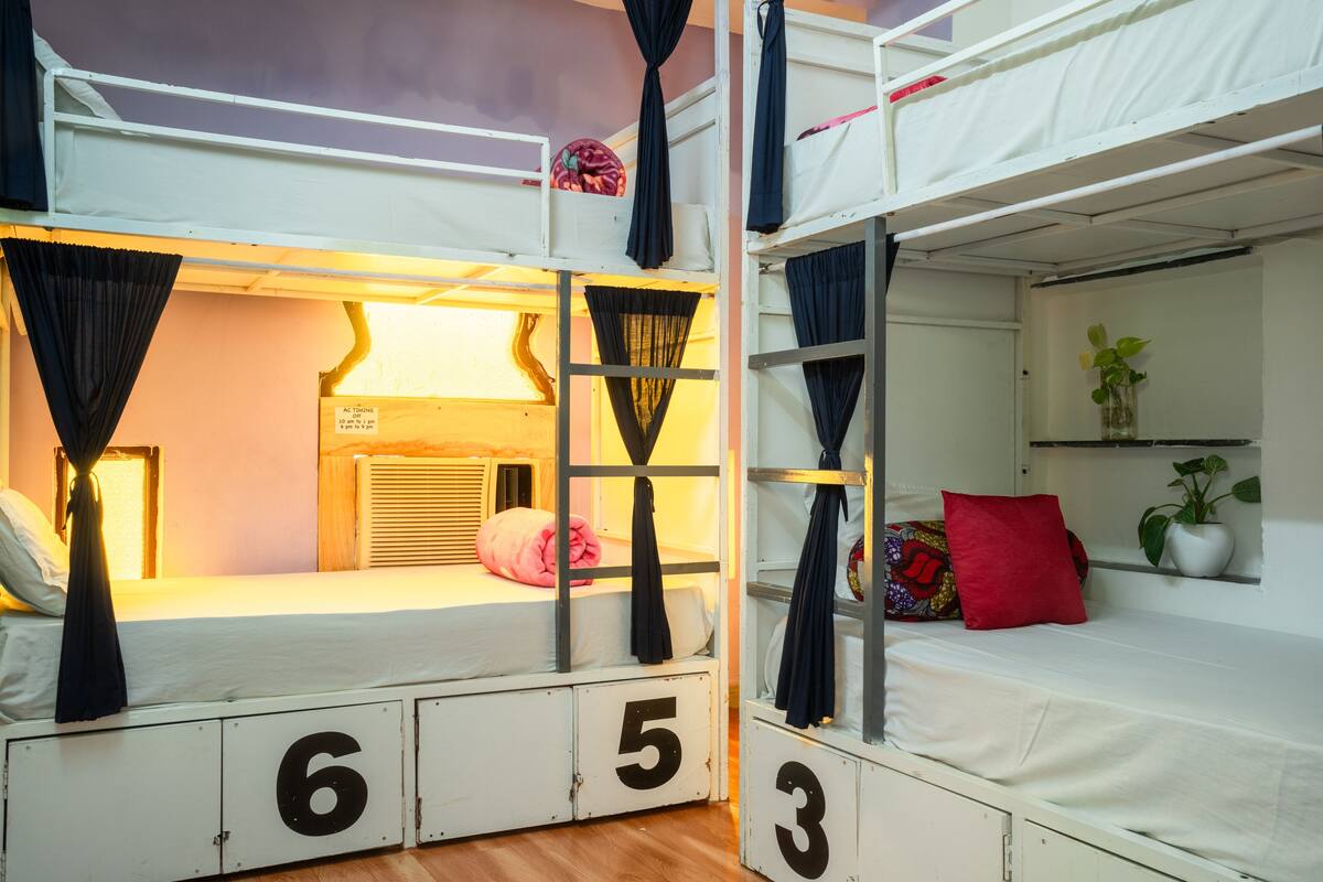 A bunk bed room with numbers 3, 5, and 6 on the lower bunk.