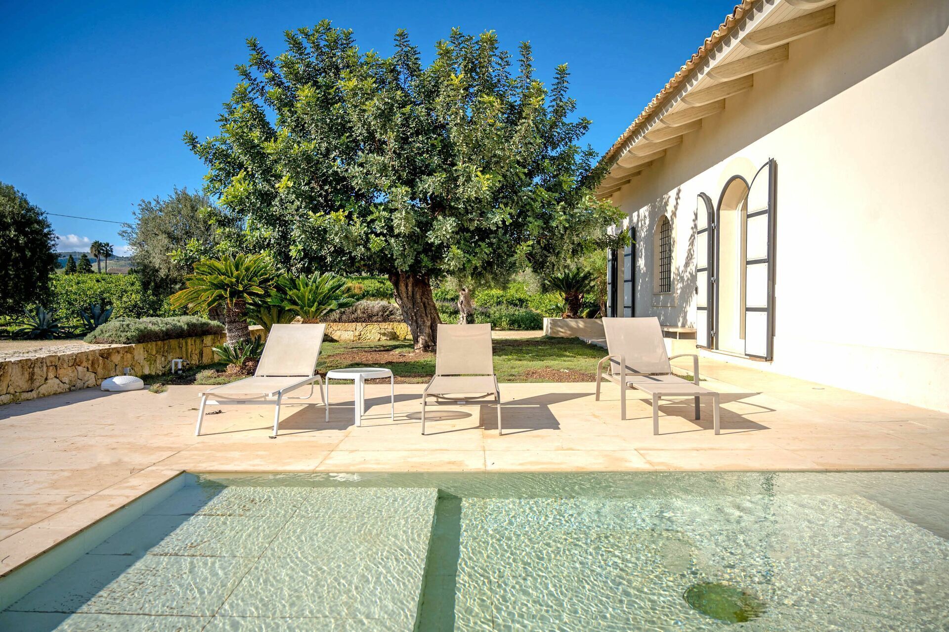 A pool area with clear water, surrounded by lounge chairs and a large tree.