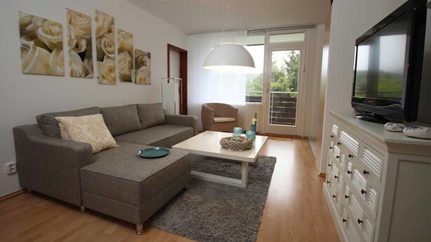 Ein Wohnzimmer mit grauem Sofa, einem Couchtisch, einem Fernseher und einer Anrichte.