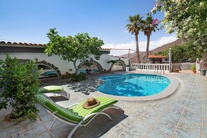 Una piscina con sillas de descanso y una palmera.