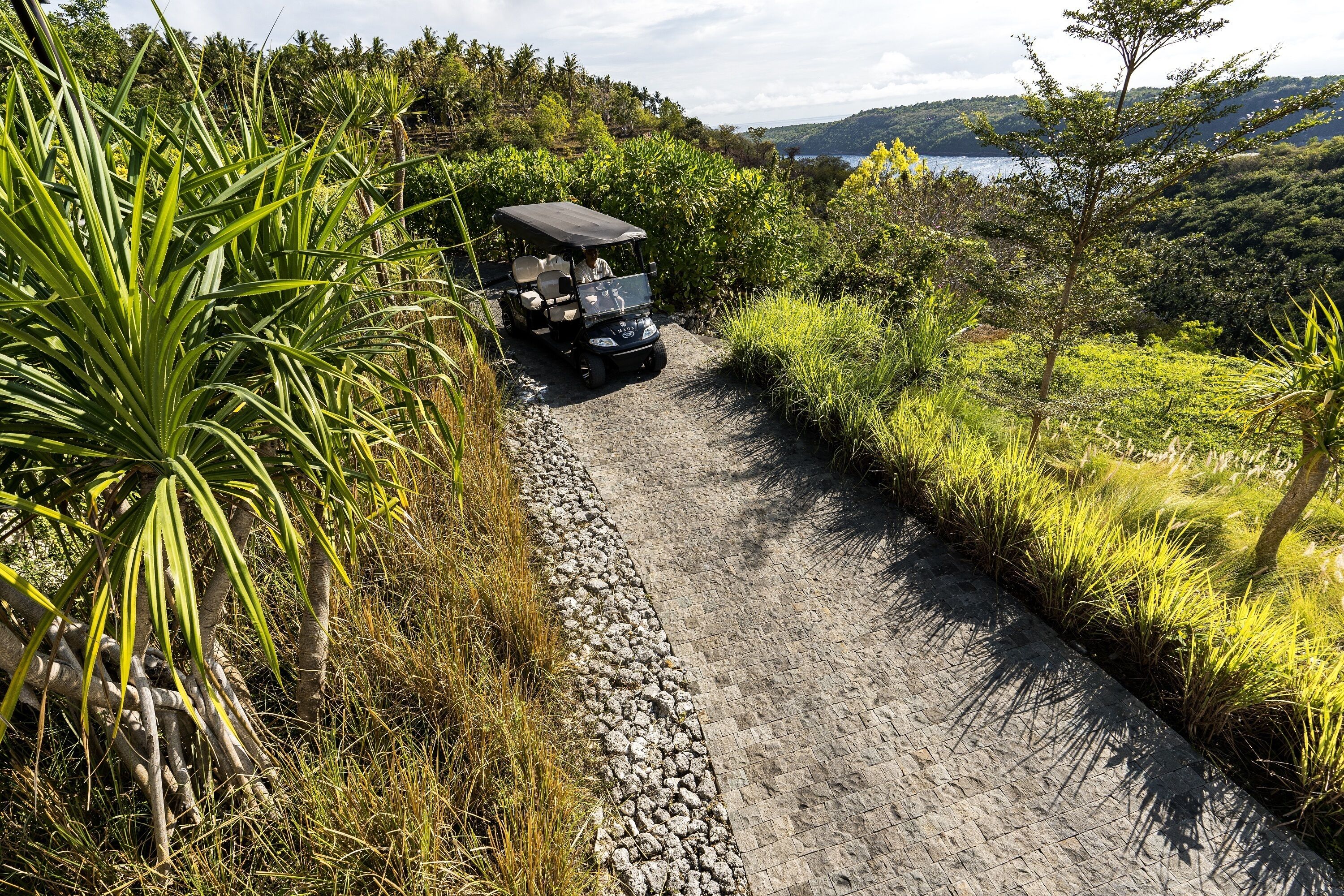 A golf cart on a gravel path surrounded by lush greenery and a view of a lake.