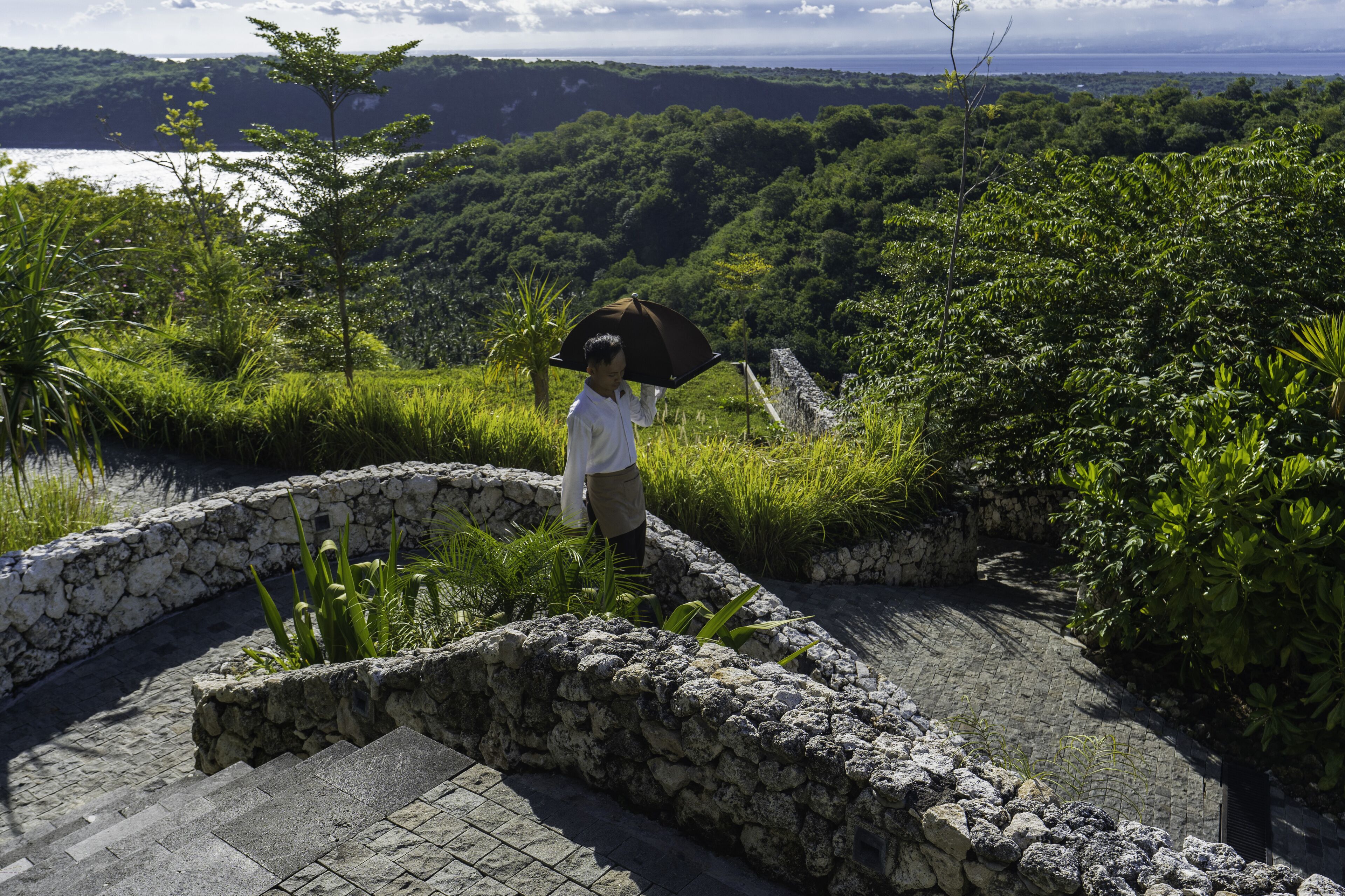 Una persona de pie en una escalera de piedra con vistas a un paisaje verde exuberante y una masa de agua al fondo.
