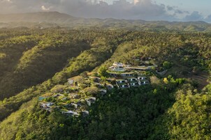 Una propiedad en una ladera con varias edificaciones, incluyendo una casa grande de techo verde, rodeada de un bosque denso.