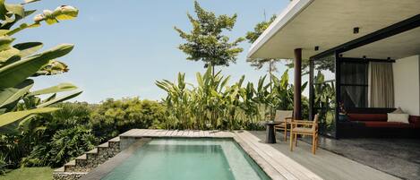 A modern outdoor pool area with a wooden deck, a seating area with a sofa and chairs, and lush tropical plants.