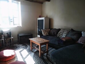 Fireplace, books, video library