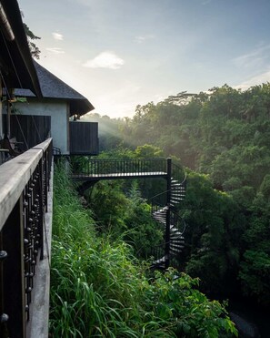 A spiral staircase leading to a wooden deck overlooking a lush forest.