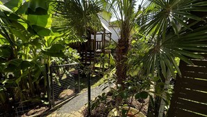 Un chemin de jardin bordé d’une plante en pot, d’une clôture en bois et d’un portail en métal.