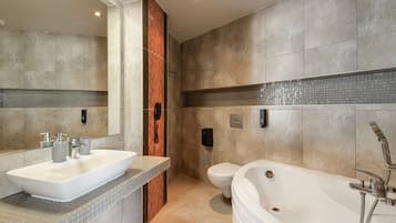 Hair dryer, towels, soap, shampoo