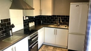 Eine kleine Küche mit Herd, Backofen, Spüle und Kühlschrank.