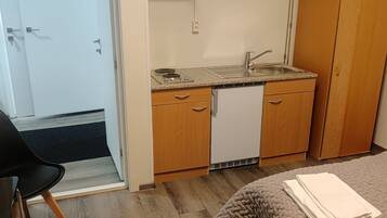 Una cocina compacta con un lavabo, lavavajillas y armarios de madera.