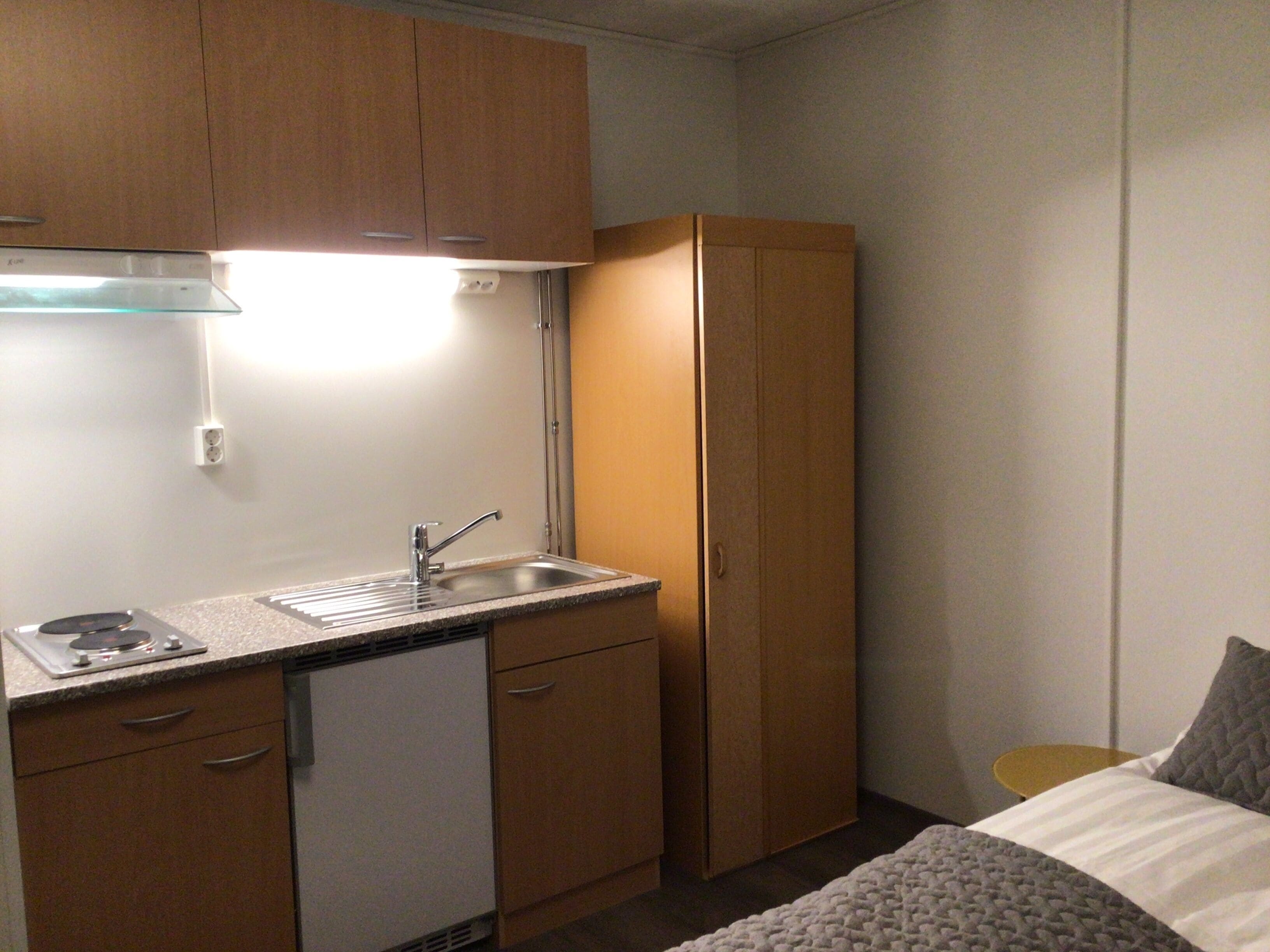 A compact kitchenette with a sink, a small refrigerator, and wooden cabinets.