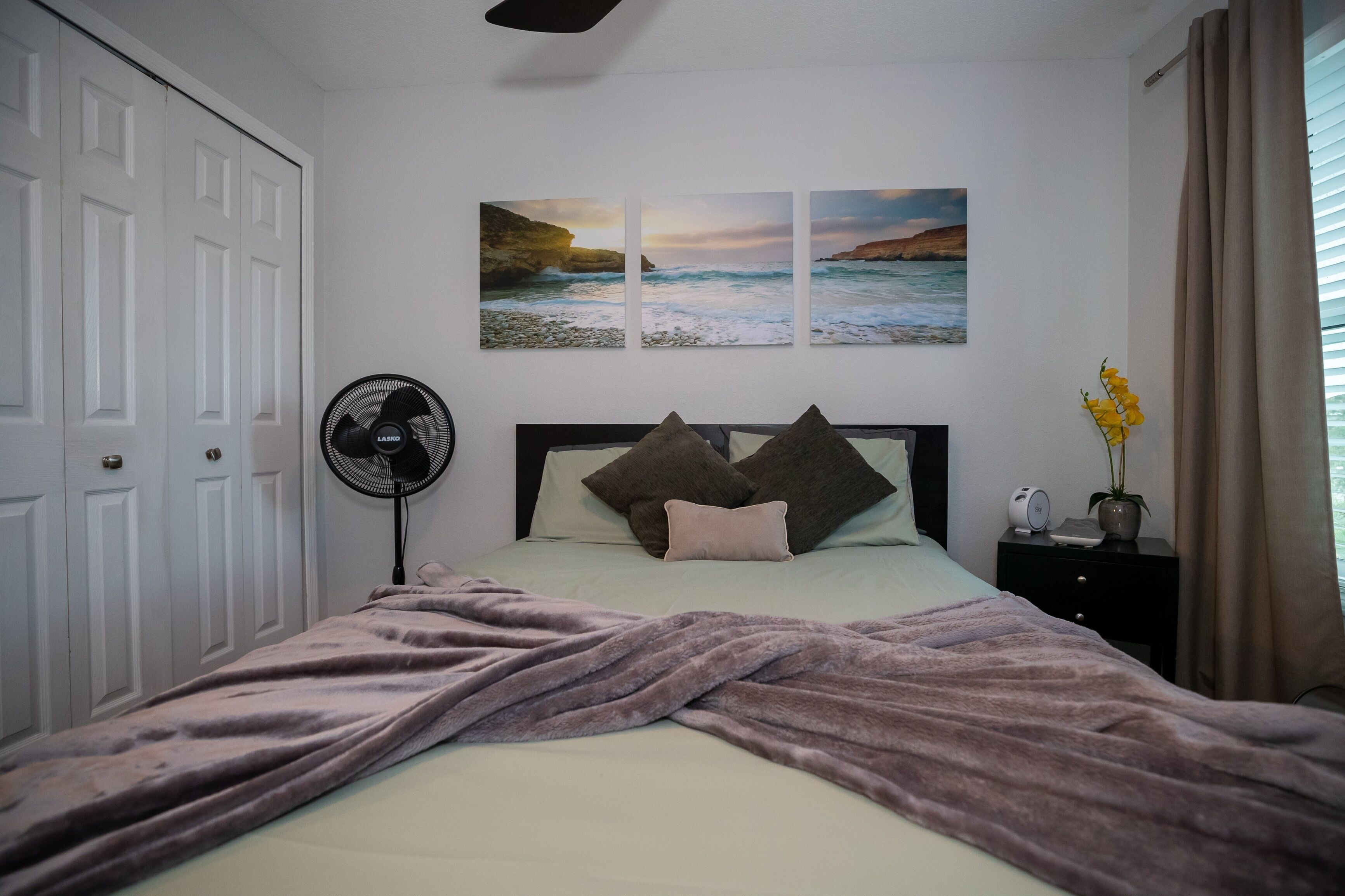 A bedroom with a bed, a bedside table with a lamp, a fan, and a wall-mounted picture of a beach scene.