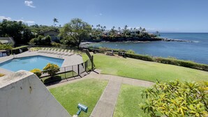 A swimming pool with a view of the ocean and a grassy area with a bench. - Napili Point B33 1 Bedroom Oceanfront Condo 1 Condo by RedAwning (Lahaina)