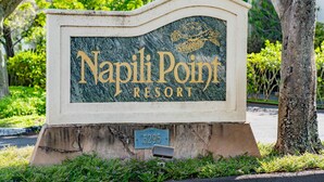 A sign for Napili Point Resort with a turtle graphic and the address 5295. - Napili Point B33 1 Bedroom Oceanfront Condo 1 Condo by RedAwning (Lahaina)