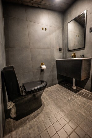 A modern bathroom with a black toilet, a sink with a mirror above it, and a towel rack. - Aurora Collection Saariselkä (Saariselka)